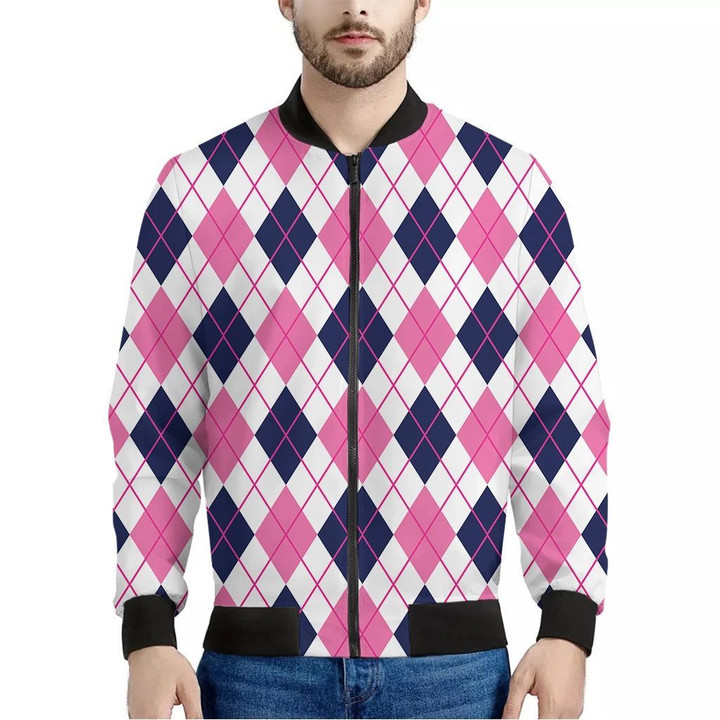 White Pink And Blue Argyle Pattern Print Men's Bomber Jacket