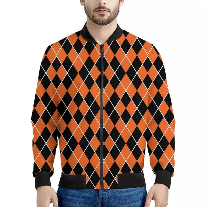 Orange And Black Halloween Argyle Print Men's Bomber Jacket