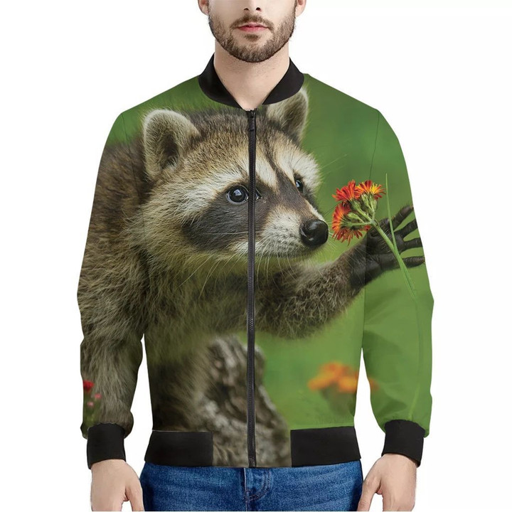 Raccoon And Flower Print Men's Bomber Jacket