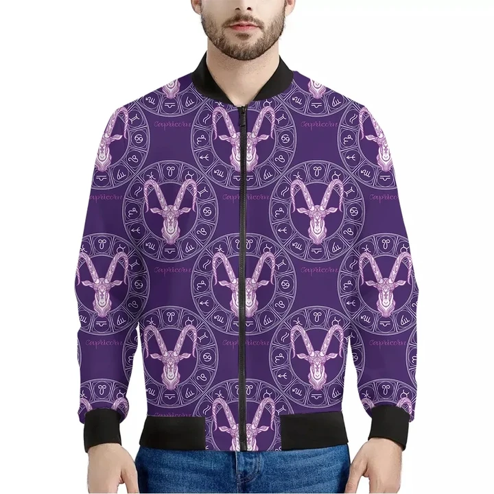Purple Capricorn Zodiac Pattern Print Men's Bomber Jacket