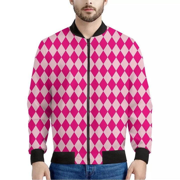 Pink Harlequin Pattern Print Men's Bomber Jacket