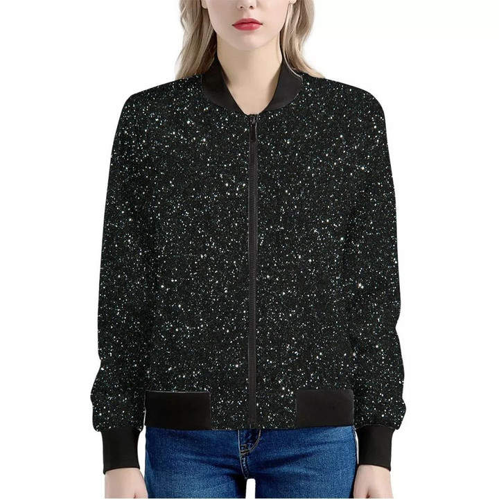 Black Glitter Texture Print Women's Bomber Jacket