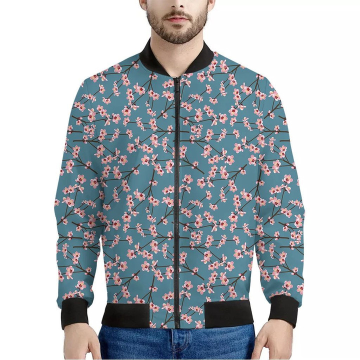 Pink Cherry Blossom Pattern Print Men's Bomber Jacket