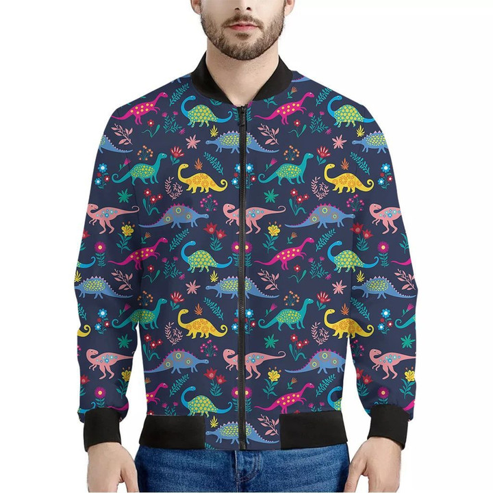 Cute Dino Floral Pattern Print Men's Bomber Jacket