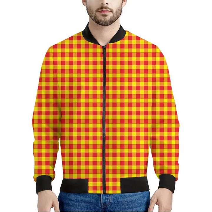 Red And Yellow Check Pattern Print Men's Bomber Jacket