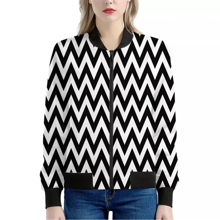 Black And White Zigzag Pattern Print Women's Bomber Jacket
