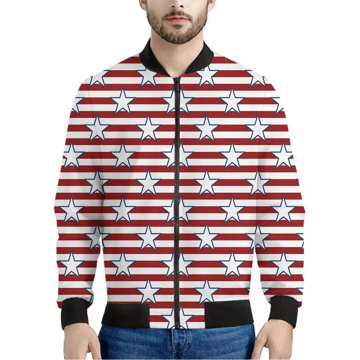 Red Striped USA Star Pattern Print Men's Bomber Jacket