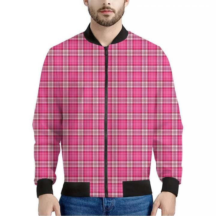 Pink And White Tartan Pattern Print Men's Bomber Jacket