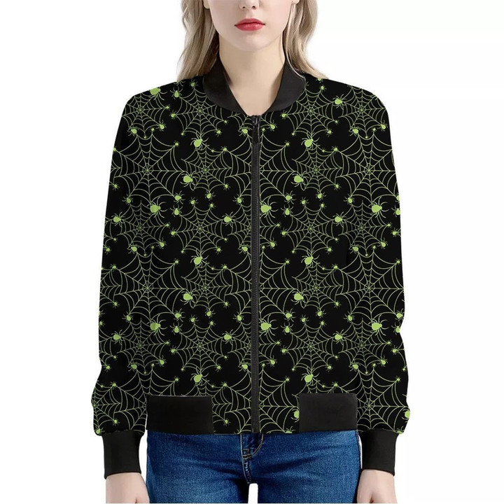 Black And Green Spider Web Pattern Print Women's Bomber Jacket