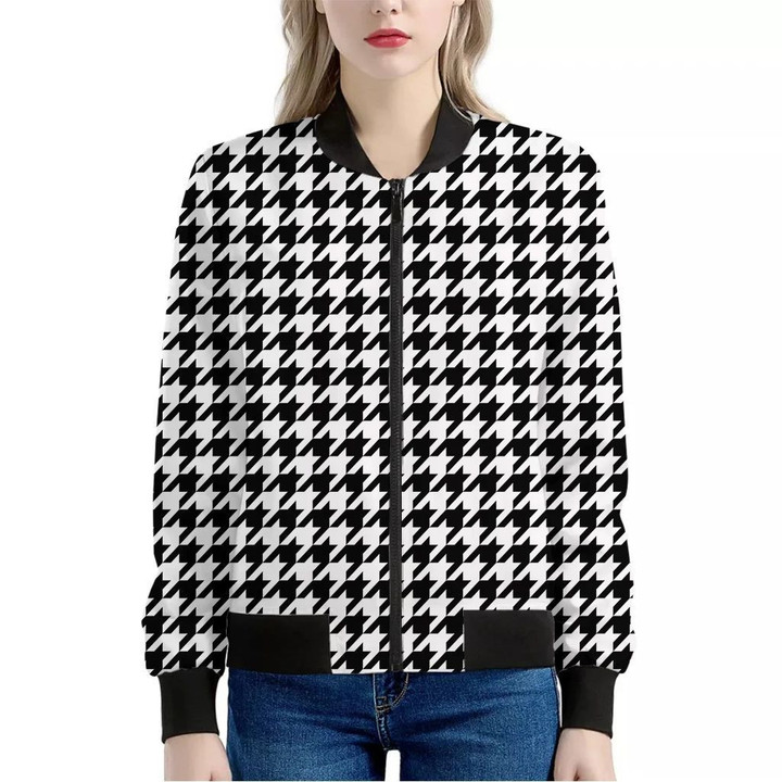 Black And White Houndstooth Print Women's Bomber Jacket
