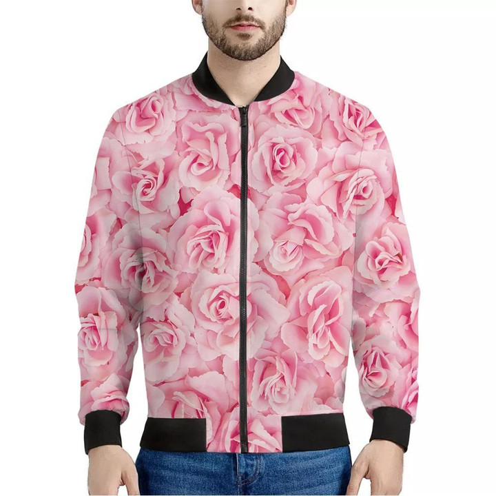 Pink Rose Print Men's Bomber Jacket