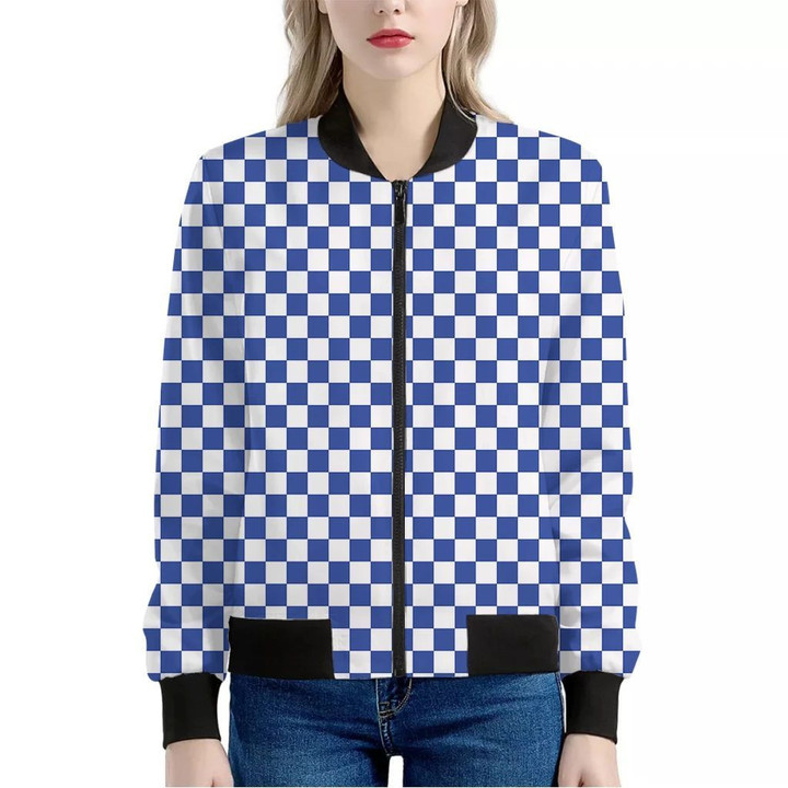 Blue And White Checkered Pattern Print Women's Bomber Jacket