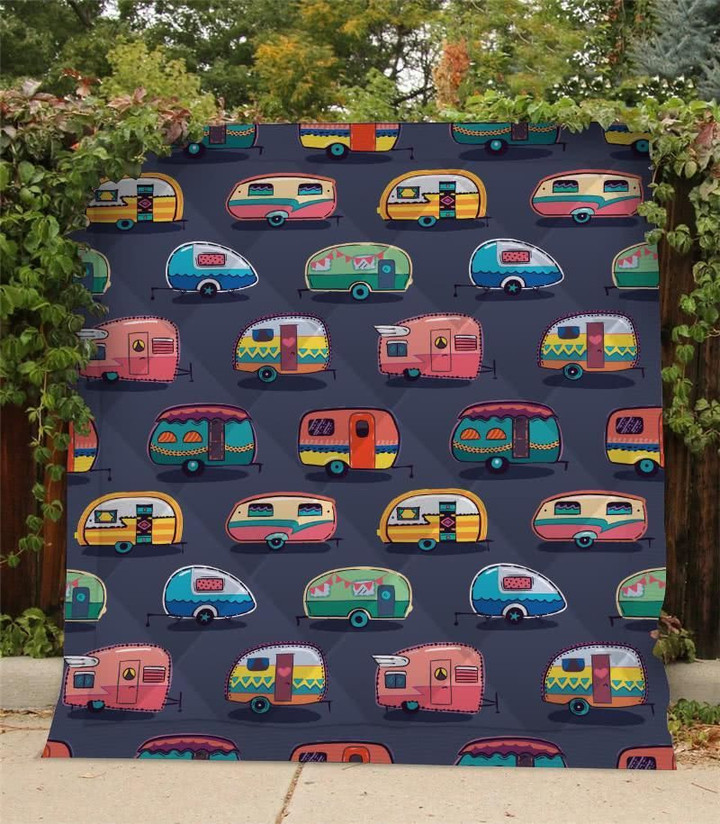 Mid Fifties Cartoonish Campers Vintage Cars Summer Quilt Blanket