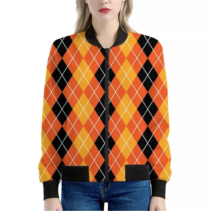 Black And Orange Argyle Pattern Print Women's Bomber Jacket