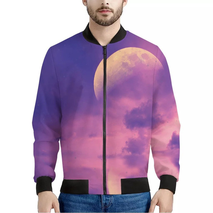 Purple Sky And Full Moon Print Men's Bomber Jacket