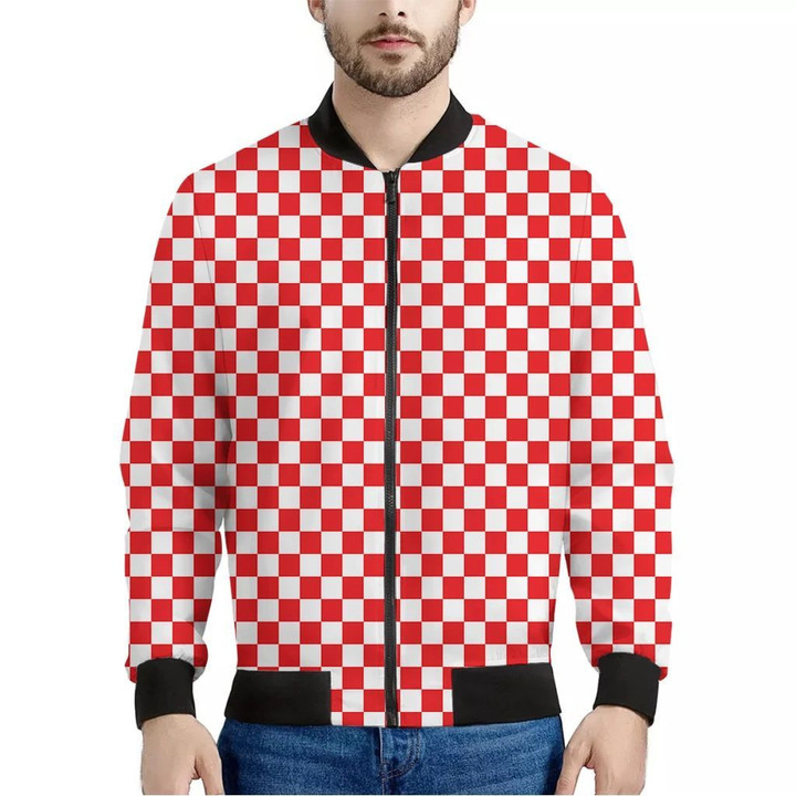 Red And White Checkered Pattern Print Men's Bomber Jacket