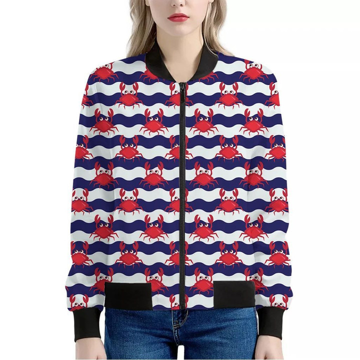 Blue And White Wave Crab Pattern Print Women's Bomber Jacket