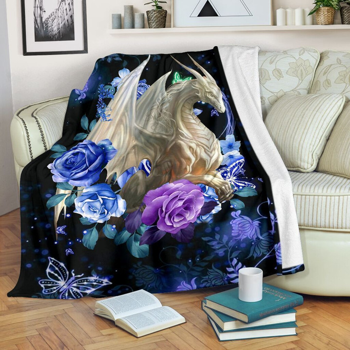 Magical White Dragon Rose Butterfly Fleece Blanket Fleece Blanket