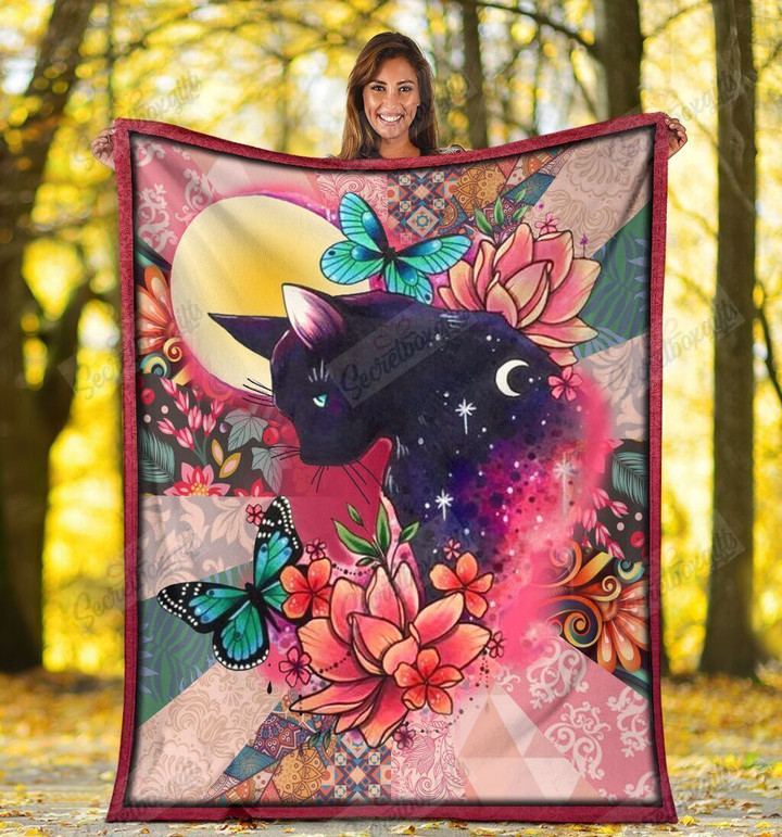Cat Hippie Flower Butterfly Fleece Blanket