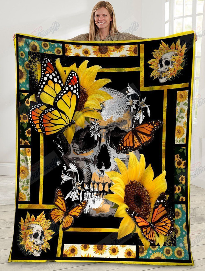 Skull Butterfly Sunflower Hippie Fleece Blanket