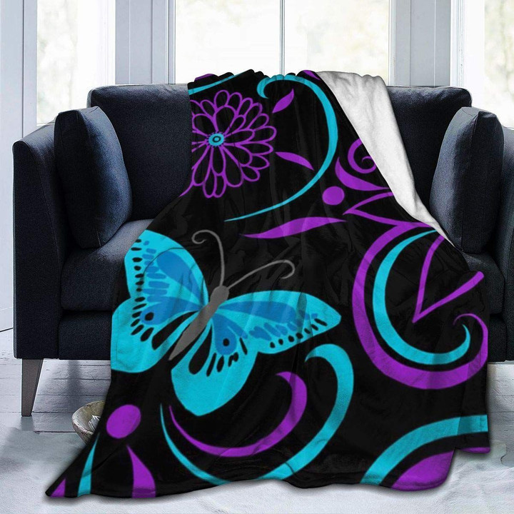 Purple Butterfly And Flower Sherpa Fleece Blanket Ub