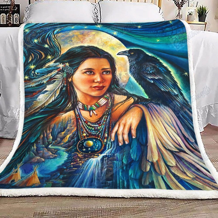 Indian Maiden And Raven Fleece Blanket