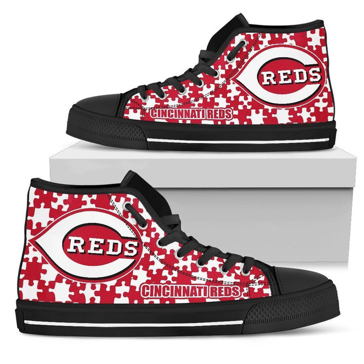 Puzzle Logo With Cincinnati Reds MLB High Top Shoes