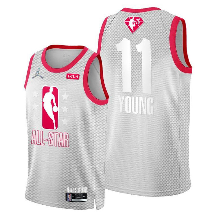 Trae Young 2022 Cleveland All-Star Grey Red 75th Patch Jersey Hawks #11 - Men Jersey