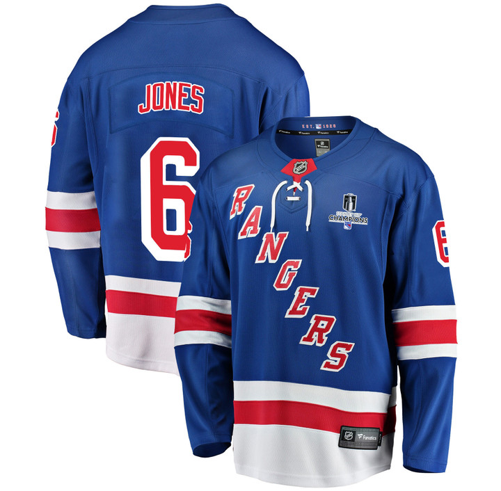 New York Rangers Zac Jones #6 Home 2022 Stanley Cup Champions Breakaway Men Jersey - Blue