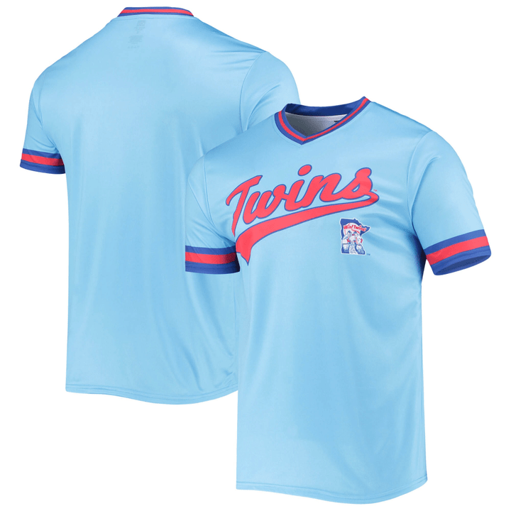 Men's Stitches Light Blue/Royal Minnesota Twins Cooperstown Collection V-Neck Team Color Jersey Jersey