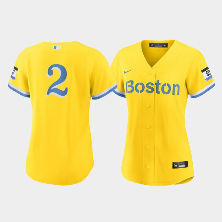 Women's Boston Red Sox Xander Bogaerts #2 Gold Light Blue 2021 City Connect Jersey Jersey
