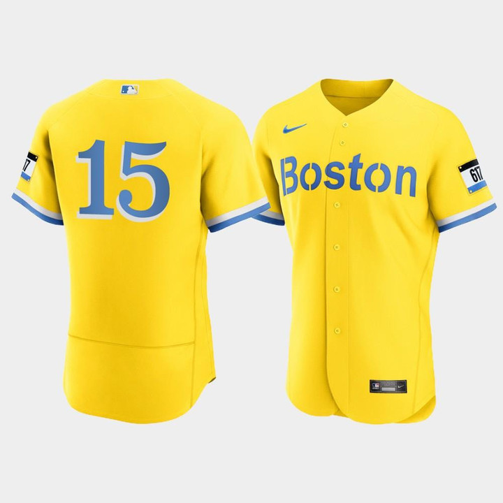 Men's Boston Red Sox Dustin Pedroia #15 Gold Light Blue 2021 City Connect Jersey Jersey