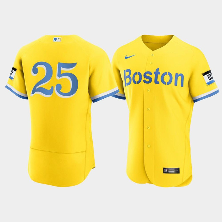 Men's Boston Red Sox Kevin Plawecki #25 Gold Light Blue 2021 City Connect Jersey Jersey