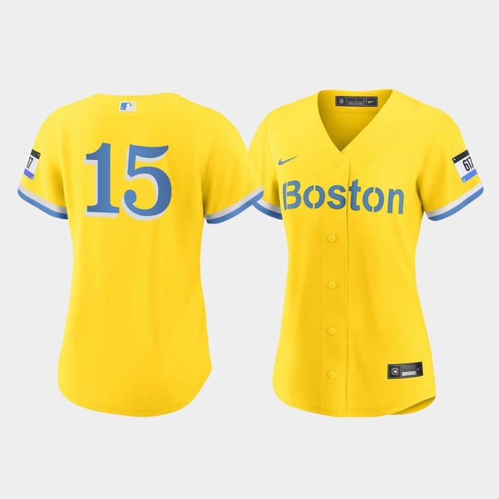 Women's Boston Red Sox Dustin Pedroia #15 Gold Light Blue 2021 City Connect Jersey Jersey