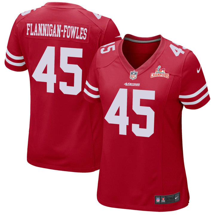 Super Bowl LVI Champions San Francisco 49ers Demetrius Flannigan-Fowles #45 Scarlet Women's Jersey Jersey