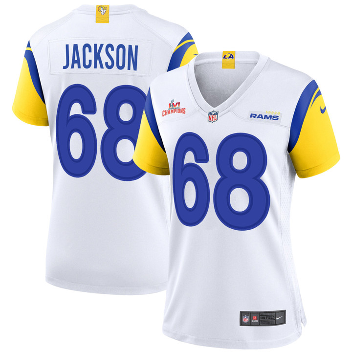 Super Bowl LVI Champions Los Angeles Rams AJ Jackson #68 White Women's Jersey Jersey