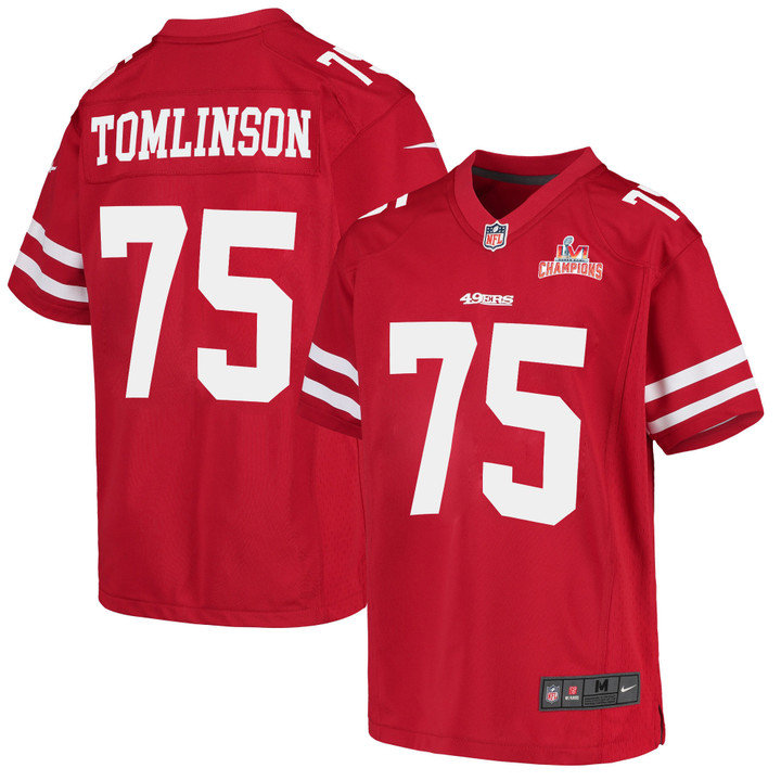 Super Bowl LVI Champions San Francisco 49ers Laken Tomlinson #75 Scarlet Youth's Jersey Jersey