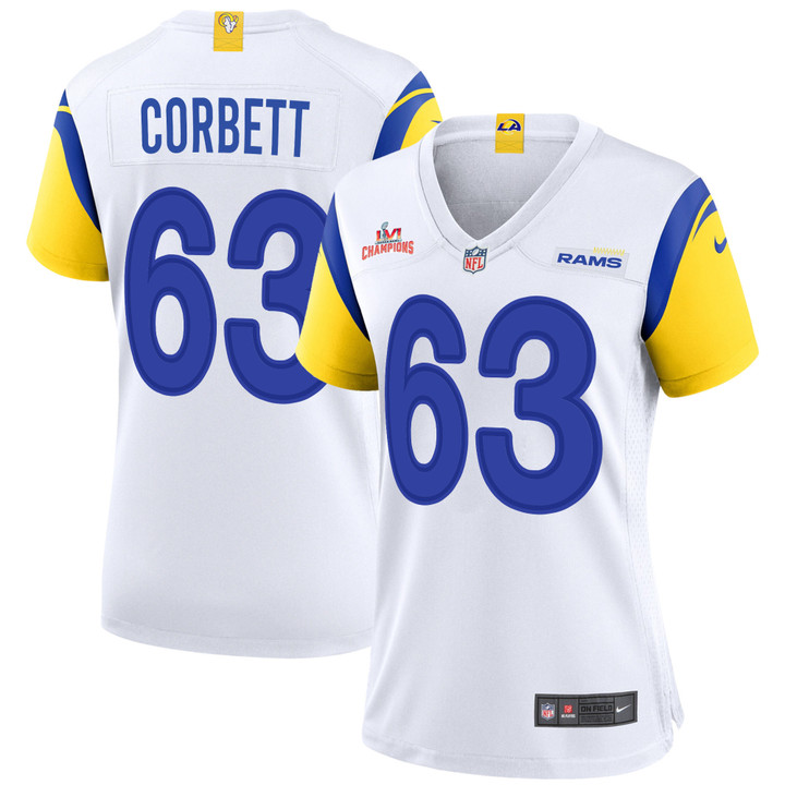 Super Bowl LVI Champions Los Angeles Rams Austin Corbett #63 White Women's Jersey Jersey