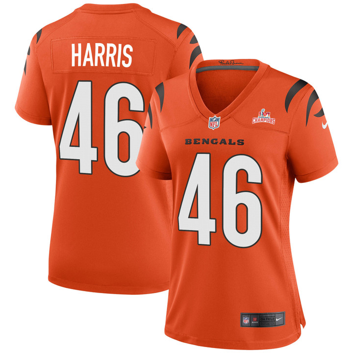 Super Bowl LVI Champions Cincinnati Bengals Clark Harris #46 Orange Women's Jersey Jersey