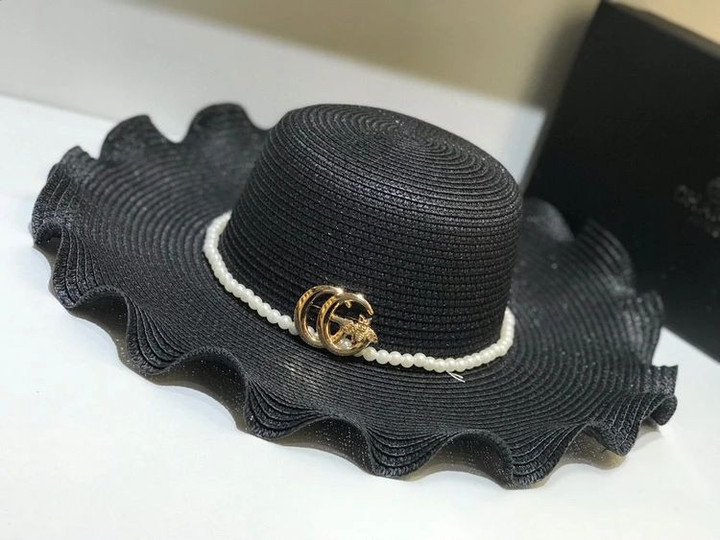 Gucci Double G Pearl Embellished Straw Hat In Black