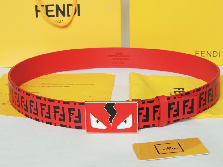 Fendi Red Ff Print Leather Belt With Red Bugs Eyes Buckle With Lightning