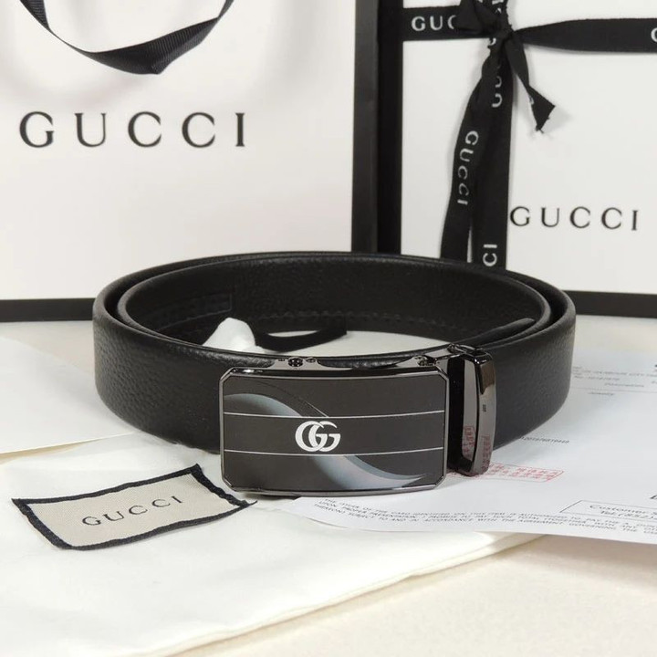 Gucci Black Textured Leather Belt With Plaque Buckle