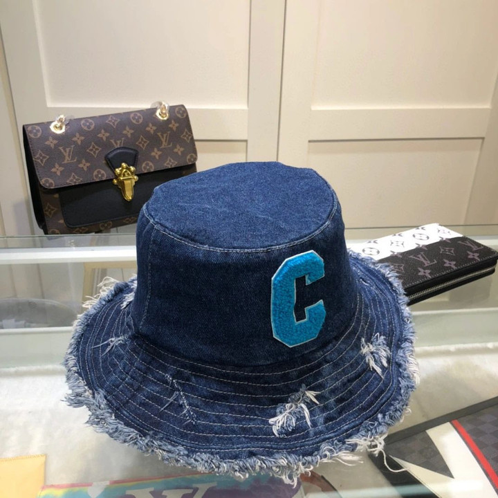 Celine Fray Denim With Embroidery Letter C Bucket Hat In Blue