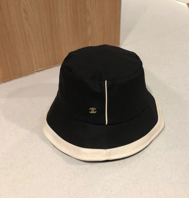 Chanel Gold Cc Logo White Line Black Bucket Hat