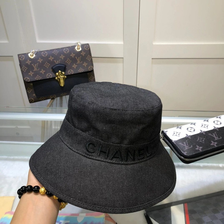 Chanel Embroidered Logo Black Denim Bucket Hat