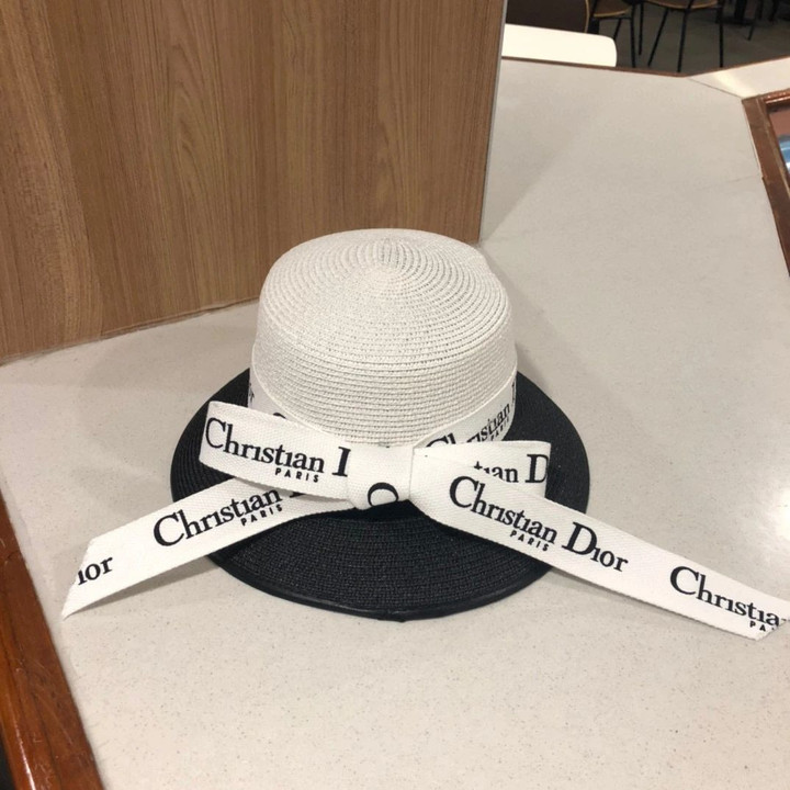 Christian Dior Logo Print In White Band Knotted Bow Bucket Hat In White