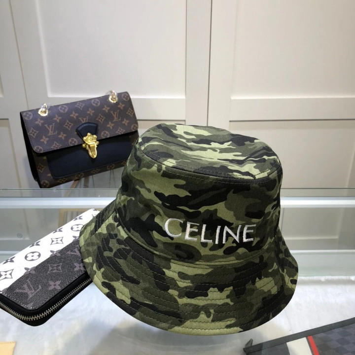 Celine Embroidery Typography Camo Bucket Hat In Army Green Black