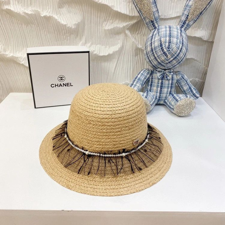 Chanel Woven Raffia Lace Pearl Rim Straw Hat In Beige