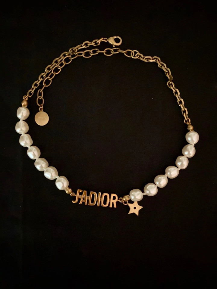 Dior Antique Gold Metal And Pearls J'adior Necklace