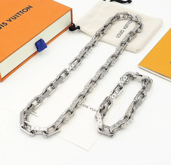 Louis Vuitton Silver Bamboo Necklace Monogram Chain Bracelet Necklace & Bracelet Set